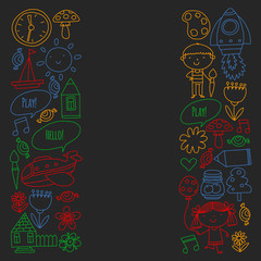 Vector pattern with little children. Kindergarten, play and grow together. Icons of toys and kids in doodle style