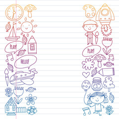 Vector pattern with little children. Kindergarten, play and grow together. Icons of toys and kids in doodle style