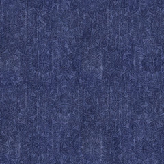 tileable seamless pattern of blue jeans denim texture with acid print of geometric abstract flowers inspired in mandala art style