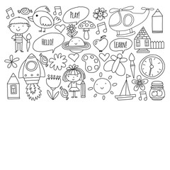 Vector pattern with little children. Kindergarten, play and grow together. Icons of toys and kids in doodle style