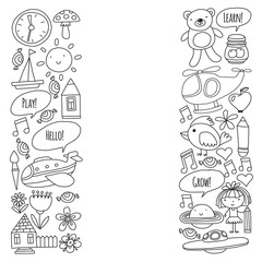 Fototapeta premium Vector pattern with little children. Kindergarten, play and grow together. Icons of toys and kids in doodle style