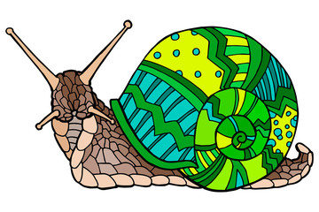 Jpeg illustration. Hand drawing snails. Isolated on white. Cute snail with a yellow-green shell. The original print. Illustration for the children's book.
