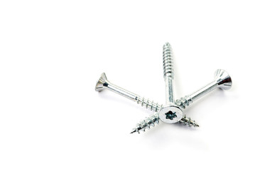 Torx screws on white background close up. Silver screws for wood, chipboard or plywood with torx head.