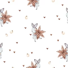 Wallpaper murals Watercolor set 1 Cute baby rabbit animal with anise star and white berry seamless pattern, illustration for children clothing.  Hand drawn watercolor image for cases design, nursery posters, postcards, print.