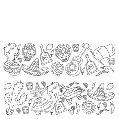 Travel to Mexico. Vector set with ethnic elemets for wallpapers, backgrounds. Day of the Dead. Sugar skull.