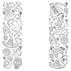 Travel to Mexico. Vector set with ethnic elemets for wallpapers, backgrounds. Day of the Dead. Sugar skull.