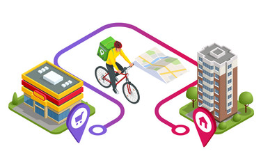 Isometric bicycle courier, Express delivery service. Courier on bicycle with parcel box on the back delivering food In city. Ecological fast delivery. City Food delivery service. Online ordering.