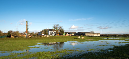 Fototapeta na wymiar Farm with flood water on fields