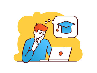 Fototapeta na wymiar Young redheaded man sitting in front of a laptop and thinking about e-learning flat vector illustration. Distance learning. Isolated cartoon character with speech bubble on a yellow background.