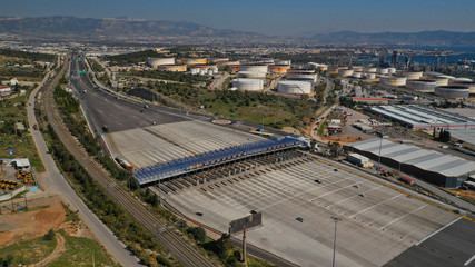 Fototapeta premium Aerial drone photo of main toll gate of Elefsina in National road of Athens - Corinth, Greece