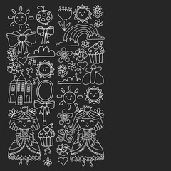 Vector pattern for little girls. Princess illustration for happy birthday party. Blackboard chalk illustration