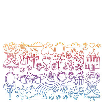 Vector pattern for little girls. Princess illustration for happy birthday party. Blackboard chalk illustration