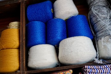 Fototapeta na wymiar Homespun yarn stored in Morocco shop