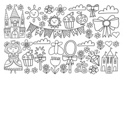 Vector pattern for little girls. Princess illustration for happy birthday party. Blackboard chalk illustration