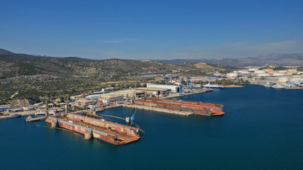 Fototapeta na wymiar Aerial drone photo of old shipyard of Elefsina, Attica, Greece