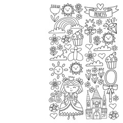 Vector pattern for little girls. Princess illustration for happy birthday party. Blackboard chalk illustration