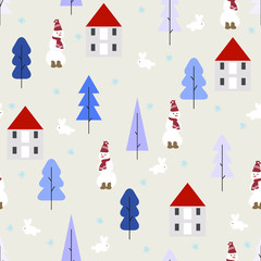 Winter seamless pattern. Cute vector background with doodle rabbit, snowmen, snowflake and geometric house, fir trees. Cartoon illustration in scandinavian style. Color New year, Christmas wallpaper