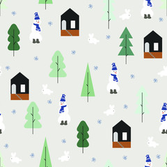 Winter seamless pattern. Cute vector background with doodle rabbit, snowmen, snowflake and geometric house, fir trees. Cartoon illustration in scandinavian style. Color New year, Christmas wallpaper