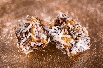 Australian lamington cakes with chocolate and coconut.
