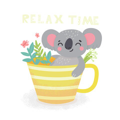 Cute koala with in cup. Relax time.Kids print. Cartoon vector illustration © leitis