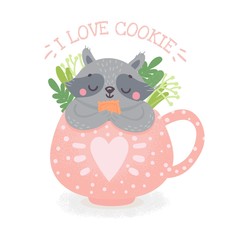 Cute raccoon with cookie and in cup. Relax in cup. Yummy. I love cookie.Kids print. Cartoon vector illustration