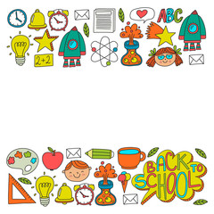 Vector pattern with back to school icons for posters, banners, covers. Kids, children education.