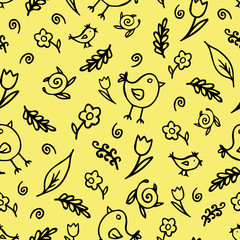 The pattern of small flowers and birds. The pattern of small flowers. Black contour drawings on a yellow background.