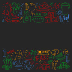 Kindergarten preschool school children. Kids drawing style vector pattern. Play grow learn together.