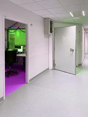 Open door of new IRM MRI Magnetic resonance imaging room in ultra modern hospital