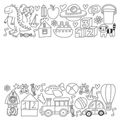 Kindergarten preschool school children. Kids drawing style vector pattern. Play grow learn together.