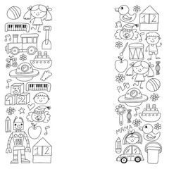 Kindergarten preschool school children. Kids drawing style vector pattern. Play grow learn together.