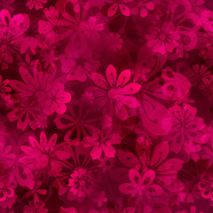 Spring seamless pattern of various flowers in crimson colors