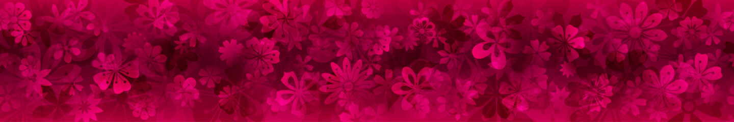 Spring banner of various flowers in crimson colors with seamless horizontal repetition
