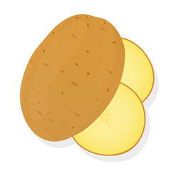 Whole potatoes and potato slices isolated on white background. Unpeeled potatoes tuber. Vector illustration.