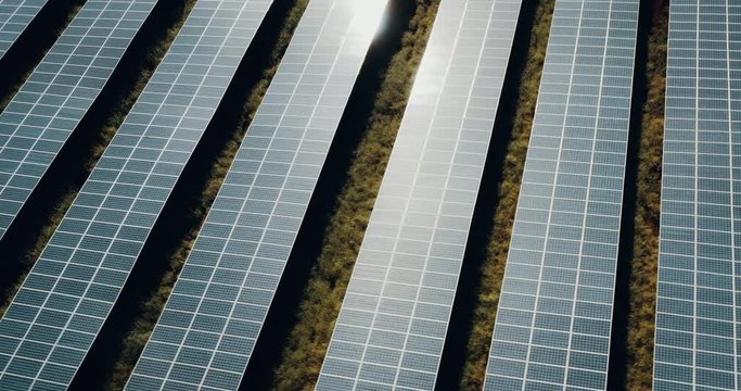 Aerial view flying over a solar farm, drone view of an endless solar panel array, the green energy future is here