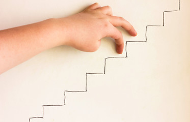 Human hand imitating walking upstairs. Concept of career growth. goal achievement, leadership and progress.
