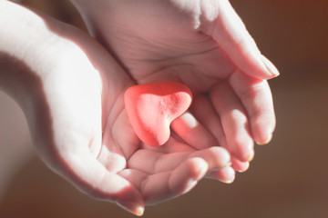  child's hands holding red heart, health care, love and support, organ donation, family insurance and CSR concept, world heart day, world health day, National Organ Donor Day