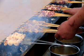 Close-up of lamb kebabs, outdoors,