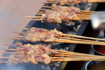 Close-up of lamb kebabs, outdoors,