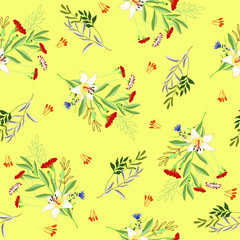 Blossom floral seamless pattern. Blooming botanical motifs scattered random. Vector texture with doodle elements. Good for fashion prints. Hand drawn colorful flowers on yellow background