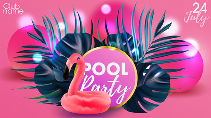 Pool party invintation. Summer pink flamingo. Miami beach tropic banner. Colorful summer poster banner. © LuxMockup
