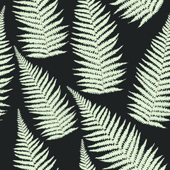 Botanical seamless pattern with fern leaves in pastel colors. Modern vector texture on dark background. Good for fashion prints and other design. Natural hand drawing illustration. Retro style