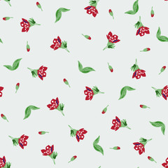 Romantic blossom floral seamless pattern. Blooming botanical motifs scattered random. Colorful vector texture. Good for fashion prints. Hand drawn small red flowers, leaves, buds on grey background