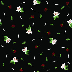 Botanical seamless pattern with small white and red flowers, leaves, petal scattered random. Hand drawing vector blossom floral illustration on black background. Good for fashion prints. Retro style