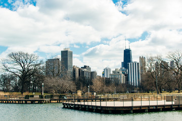 Chicago skyline with skyscrapers, view from Lincoln Park over the lake