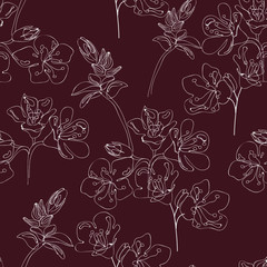 Blossom romantic floral seamless pattern. Blooming botanical motifs scattered random. Line art vector texture. Good for fashion prints. Hand drawing ink sketch white flowers on red background