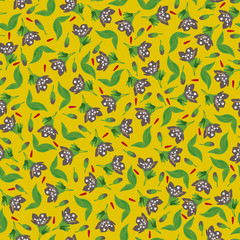Botanical seamless pattern with small brown flowers, leaves, buds and red petals scattered random. Hand drawing vector blossom floral illustration on yellow background. Good for fashion ditsy print