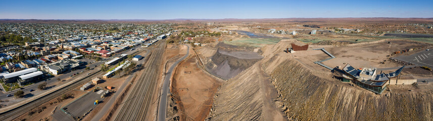 Broken Hill Australia December 2nd 2019 : Aerial panoramic view of the miners memorial and town of...