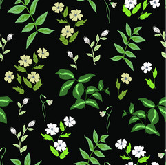 Blossom floral seamless pattern. Blooming botanical doodle plants scattered random. Pastel colors vector texture. Good for fashion prints. Hand drawing flowers, leaves, branches on black background