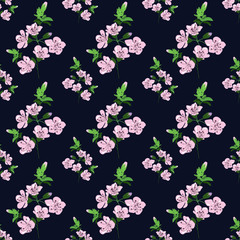 Romantic blossom floral seamless pattern. Blooming botanical plants. Ornate vector texture. Good for fashion prints. Hand drawing small pink flowers and buds on blue background